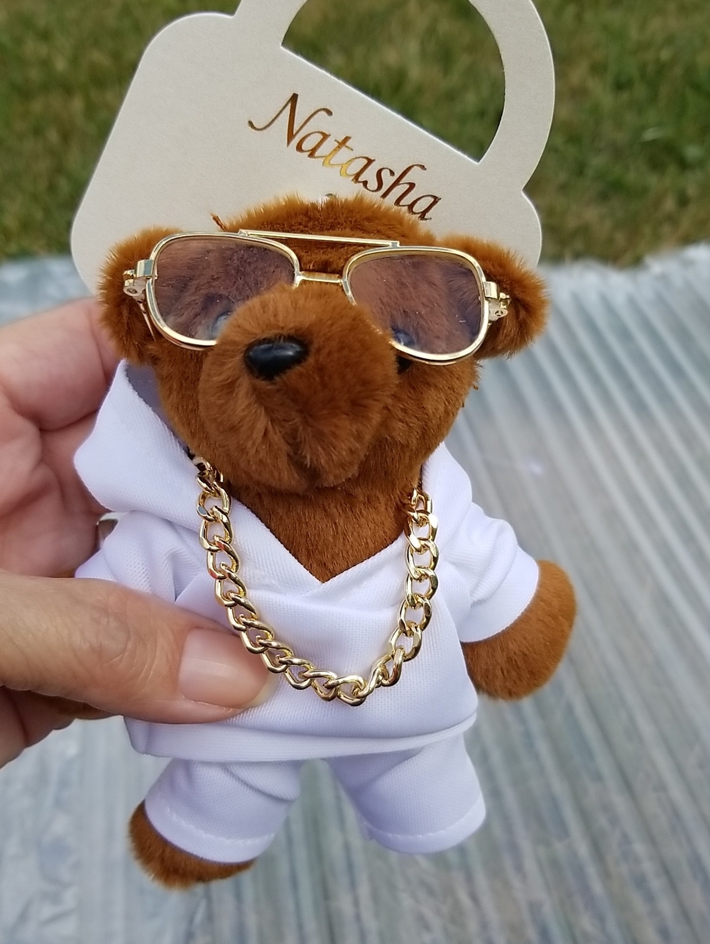 🐻Natasha Couture Brown Plush Bear Keychain with Gold Sunglasses & White Outfit